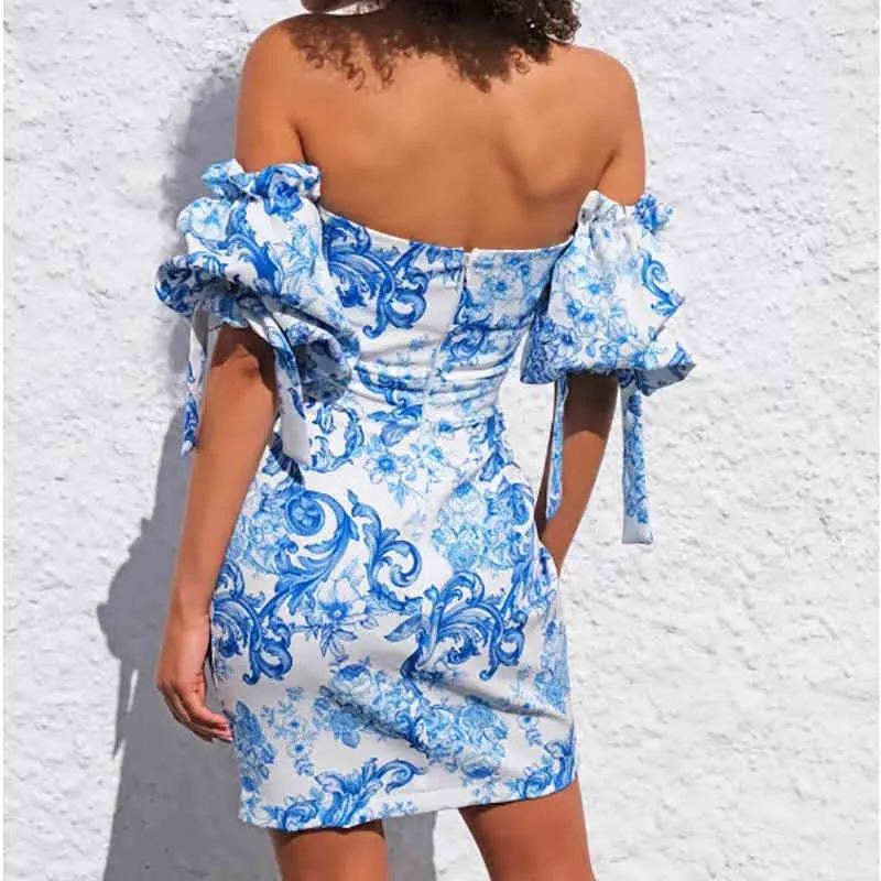 Women's Sexy Dress Summer Bohemian Fashion Backless Strapless Elegant Ruffles Vintage Floral Print Mini Dresses Vestidos 210517