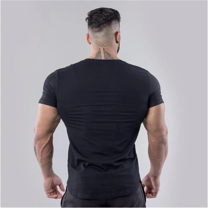 Manga curta de fitness masculino de marca t - shirts ginásios de algodão tshirt hem sólido arco hem respirável estiramento camiseta 210421