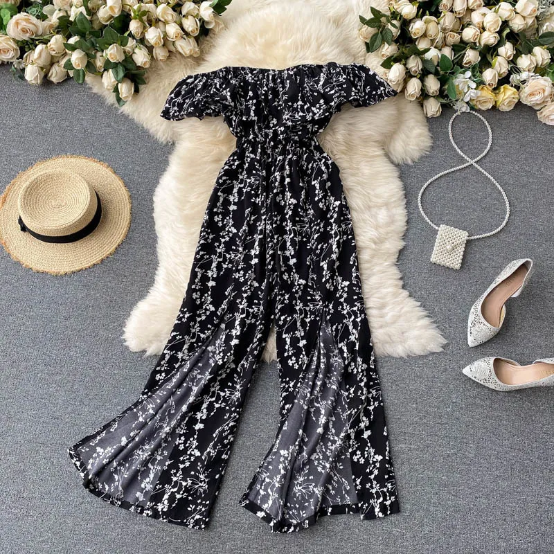 Singreiny Women Boho Цветочные Rompers Sexy Slash Sece Sweet ruffles Широкие ногой Комбинезоны Летние Независимые Плечо Сплит Каникулы Rompers 210419