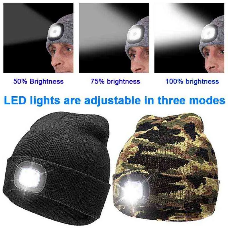 Unisex 4 LED Podświetlany Przycisk Cap Typ Baterii Ciepłe Czapki Outdoor Fishing Running Beanie Hat Flash Reflektor Camping Wspinaczka Ca Y21111