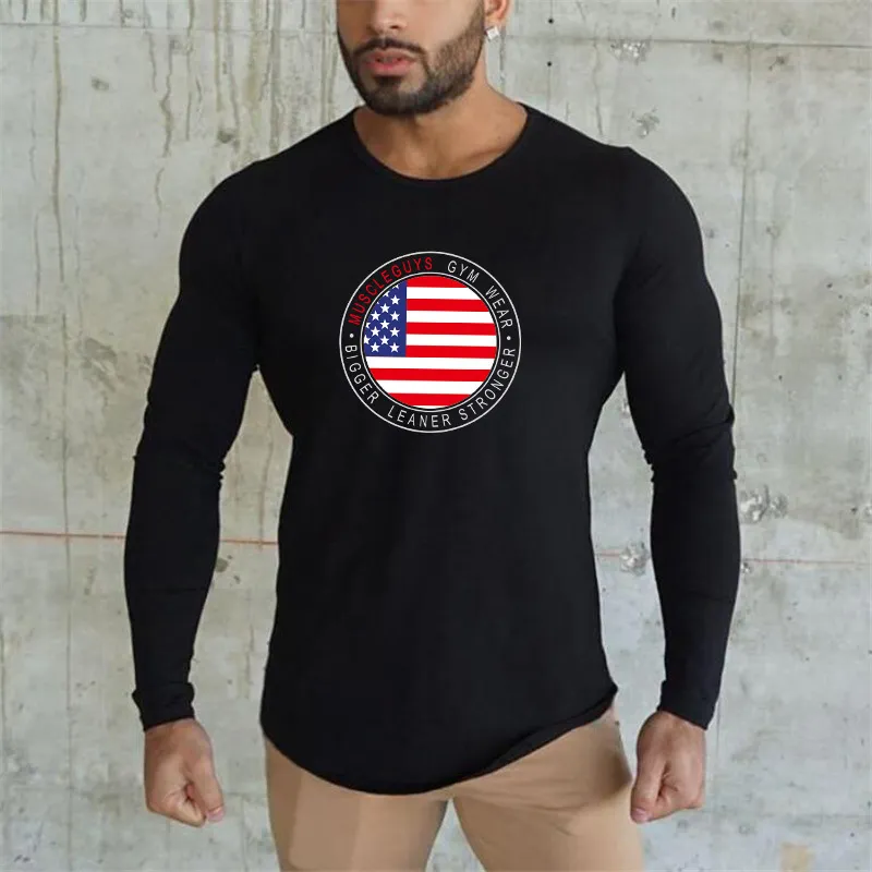 Muscleguys Marke Langarm T-shirts Männer Herbst Neue USA Flagge Slim Fit T-shirt Baumwolle Abgerundeter Saum Tops Männlich T-shirt Plus Größe 210421