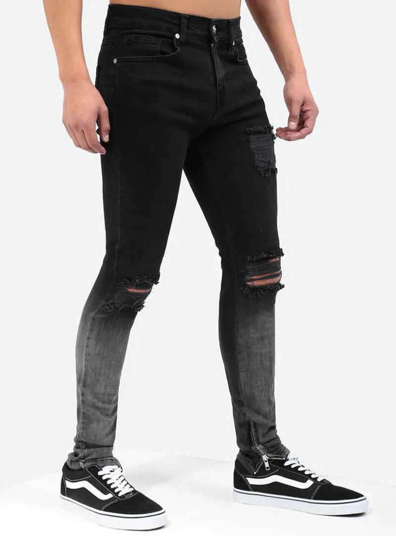 Jeans homens esticão magro encaixotel zipper joelho rasgado anfitrião buraco biker calças calças hip hop street tamanho x0621