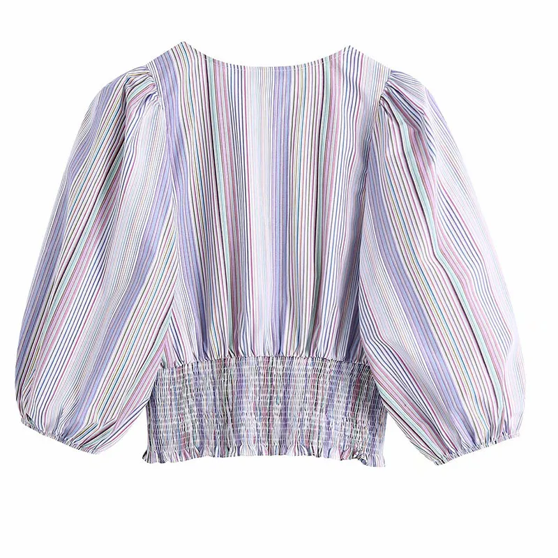 Kvinnor Sommar Sexiga Skjorta Toppar Striped Half Lantern Sleeve Kort Öppna Stitch V-Neck Blouse Blusas BB1197 210513