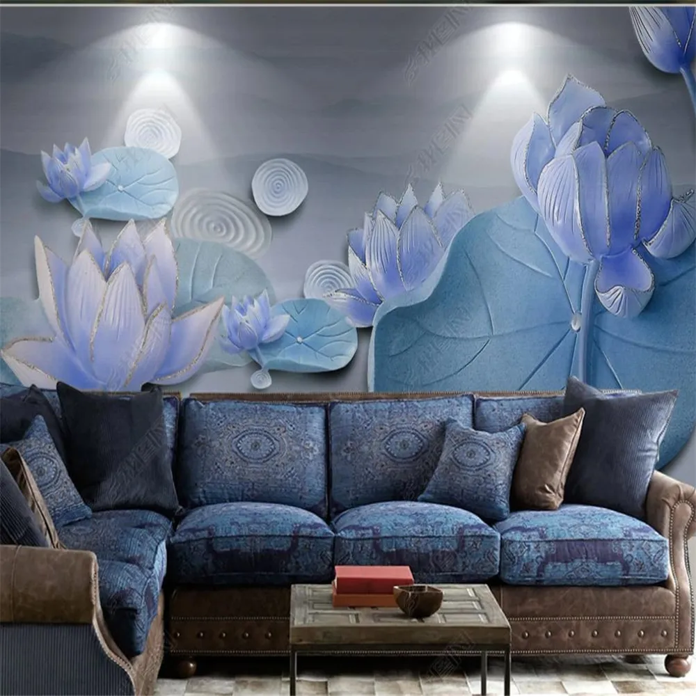 3D Tapete dreidimensionale Relief Lotus Teich Mondlicht Wohnzimmer Hintergrund Wanddekoration Gemälde 233W