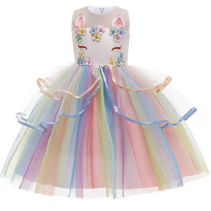 Summer Teenager Girls Dresses Cartoon Unicorn Appliques Knee-length for Party Wedding Piano Perform Kids Clothes E0698 210610