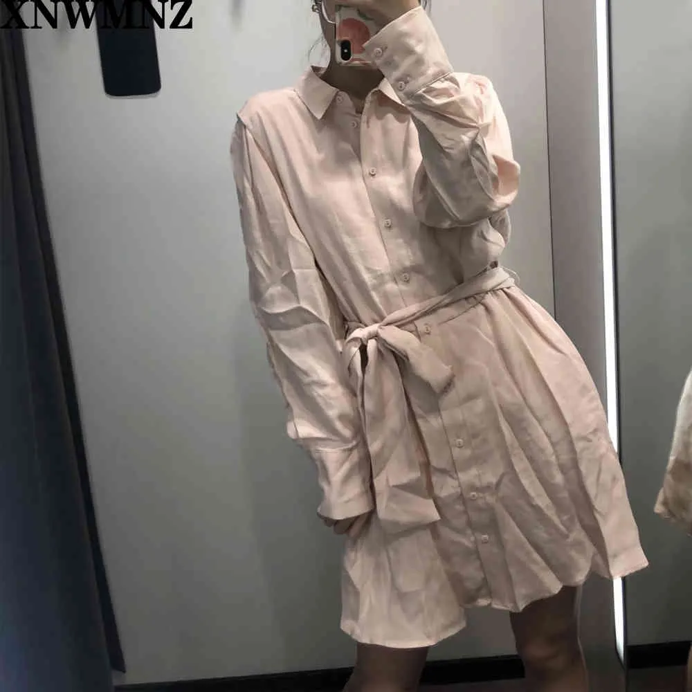 women satin shirt dress Short collared in flowing fabric Long sleeves cuffs Elastic waist Lining pink 8342309 210520