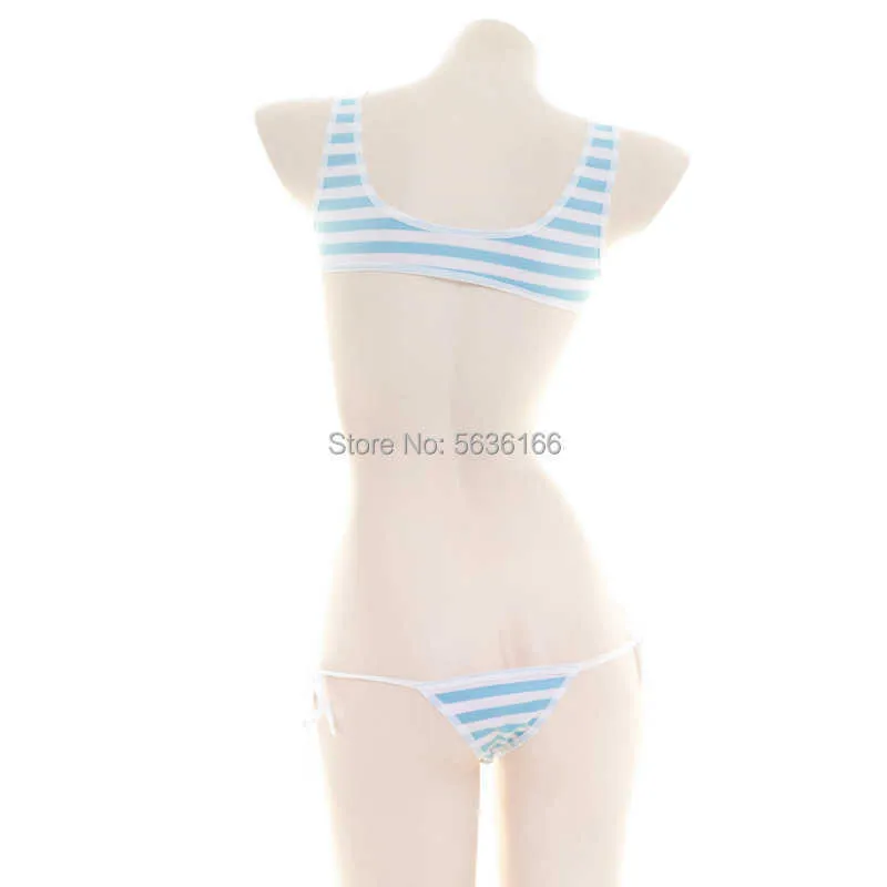 Giappone Sexy Lingerie Lolita Kawaii Blu Rosa Bianco a strisce Mini Bikini Cosplay adulti Costumi erotici Reggiseno Biancheria intima da donna 3 pezzi Set Y0913