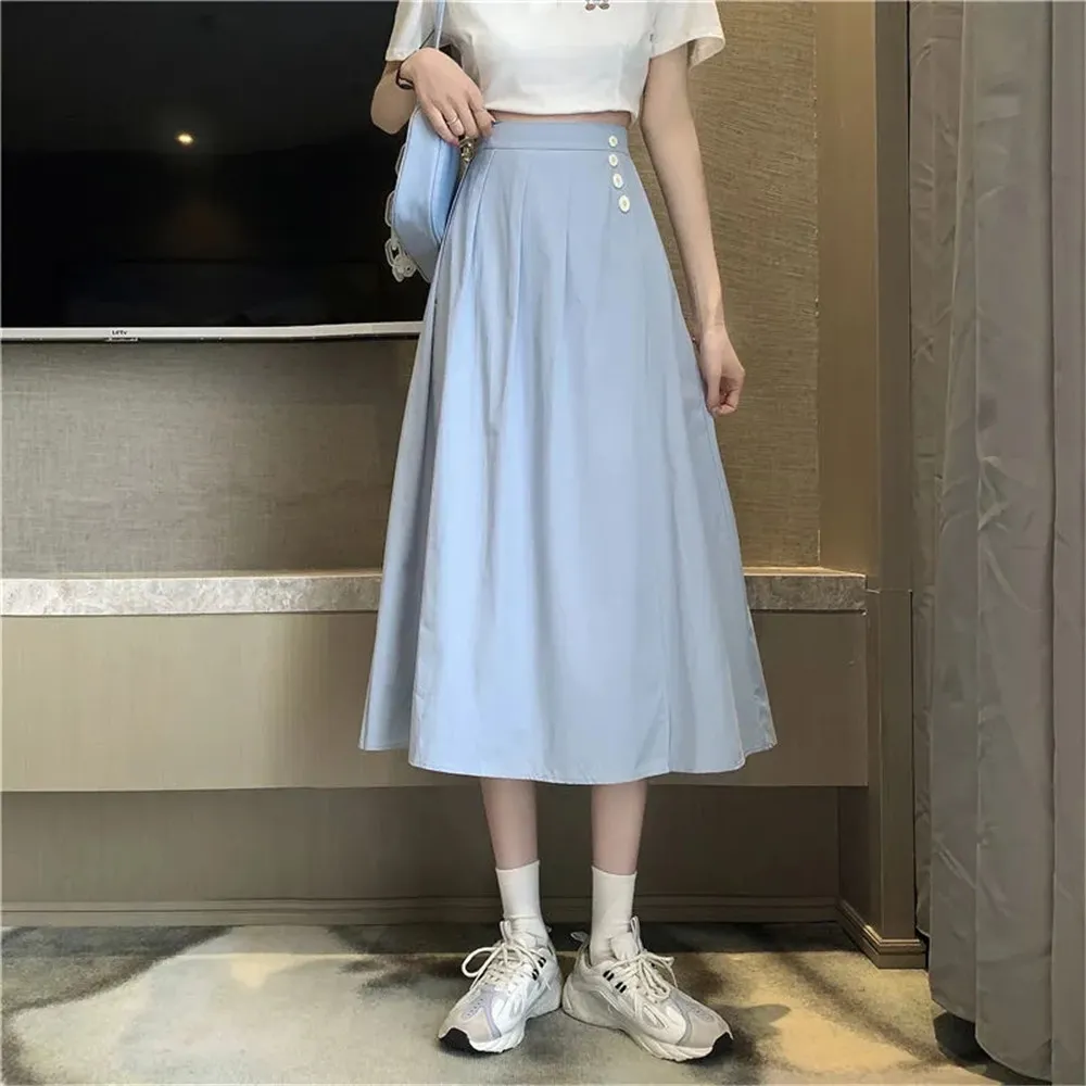 Falda plisada lisa de verano con botones de cintura alta, faldas largas amarillas, azules y blancas, ropa de calle informal coreana salvaje acampanada 210421