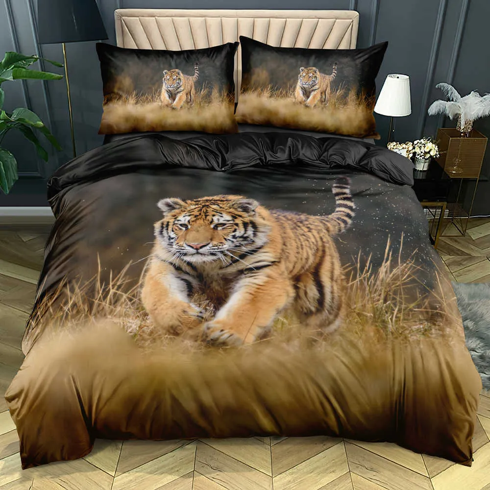 Tier-Bettbezug-Sets, Design 3D-Tiger-Bettwäsche und Kissenbezüge, 180 x 200 cm, für volles Doppelbett, King-Size-Bett, schwarze Bettwäsche 210615