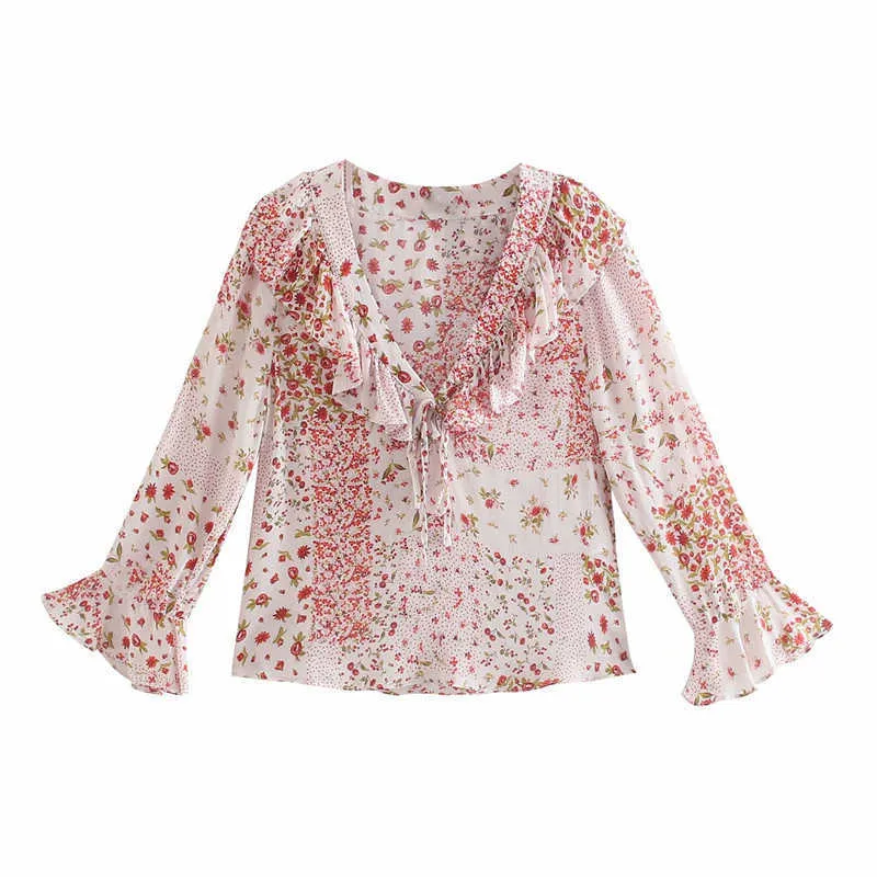 Za Blouse Women Ruffle Patchwork Floral Print Pink Shirt Long Sleeve Bow V Neck Vintage Summer Top Feminine Elegant Shirts 210602