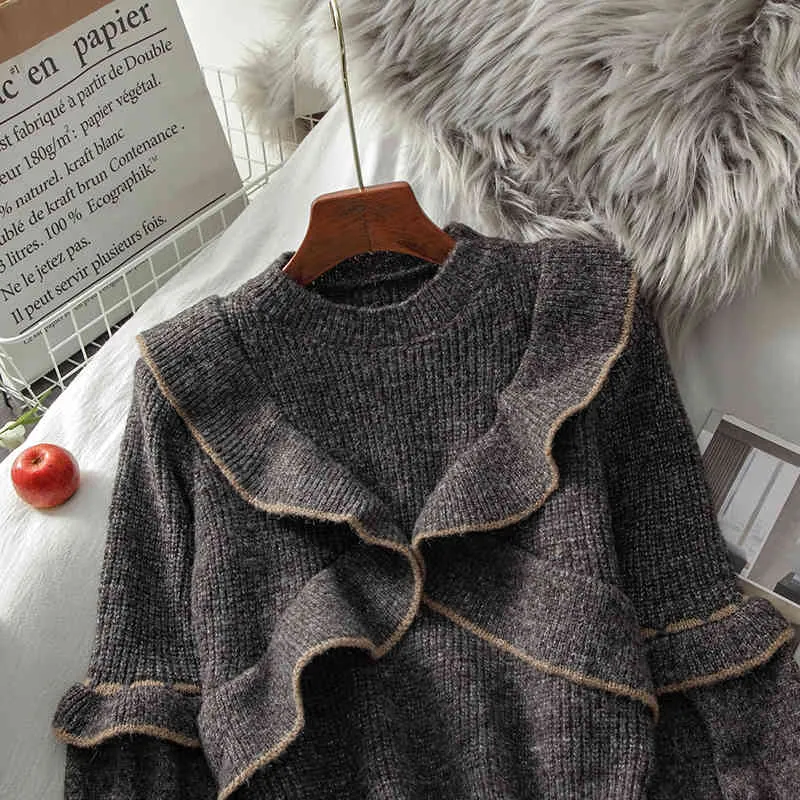 Ezgaga Pullover Frauen Herbst Neue Oansatz Patchwork Lange Laterne Hülse Pullover Rüschen Mädchen Nette Tops Winter Kleidung Warme Mode 210430