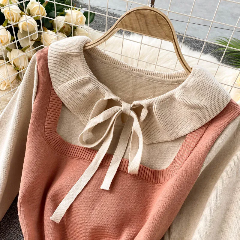 Sweet Ladies Patchwork Knitted Sweater Dress Women Fashion Spring Peter Pan Collar Long Sleeve A Line Casual Female Mini Dresses 210514