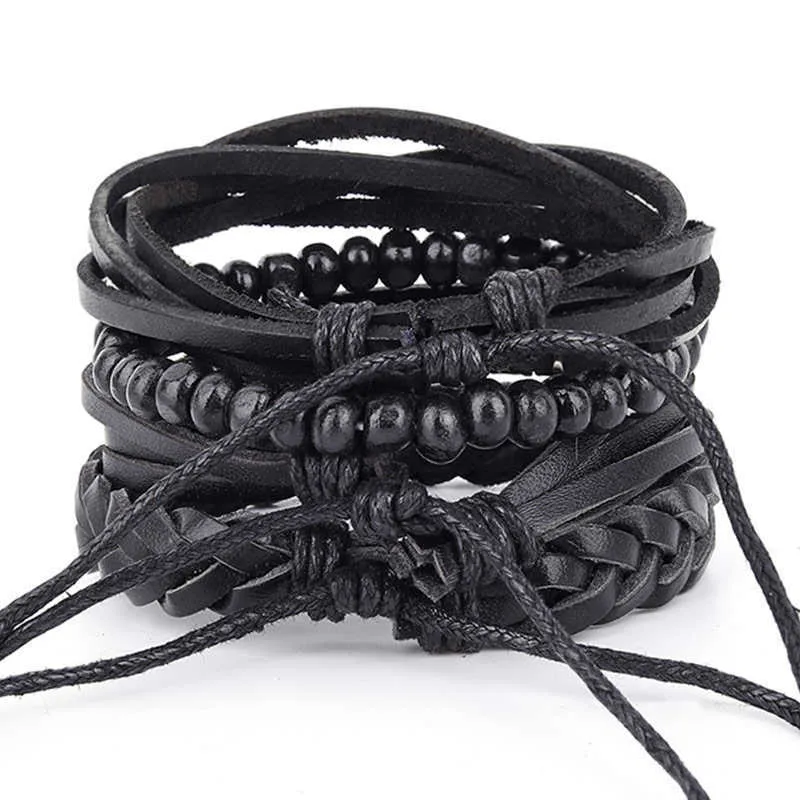 Bracelets En Cuir Bracelets pour Hommes Vapeur Punk Bois Chaîne Perlée Bracelets Bracelets Homme En Gros Bijoux Faits À La Main Q0719