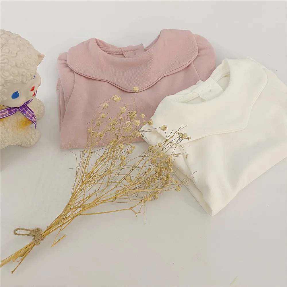 赤ちゃんの女の子0-2年かわいい花びら襟長袖ベースTシャツ綿の柔らかいソリッドカラー全てのマッチトップ210508