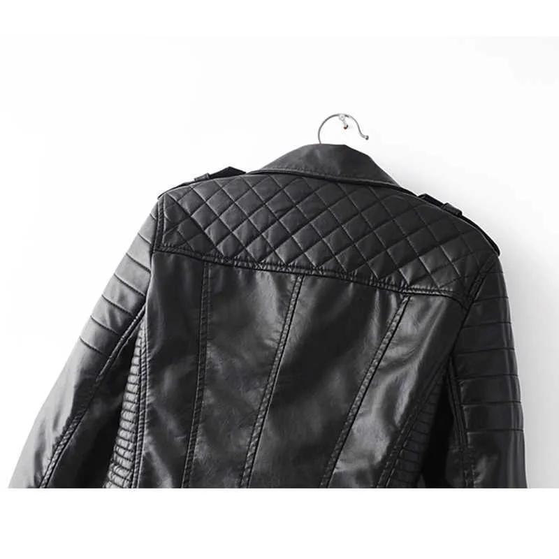 Wmoen veste en cuir printemps automne col rabattu fermeture éclair vêtements d'extérieur vintage dames motard moto manteaux courts manteau femme 210525