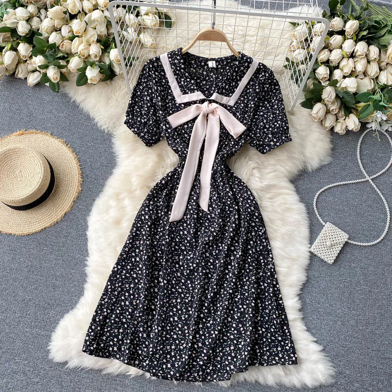 Summer Women Dress Korean Fashion Sweet Bow Bandage Casual Chiffon Boho Beach Holidya Vintage Floral Print Mini 210514