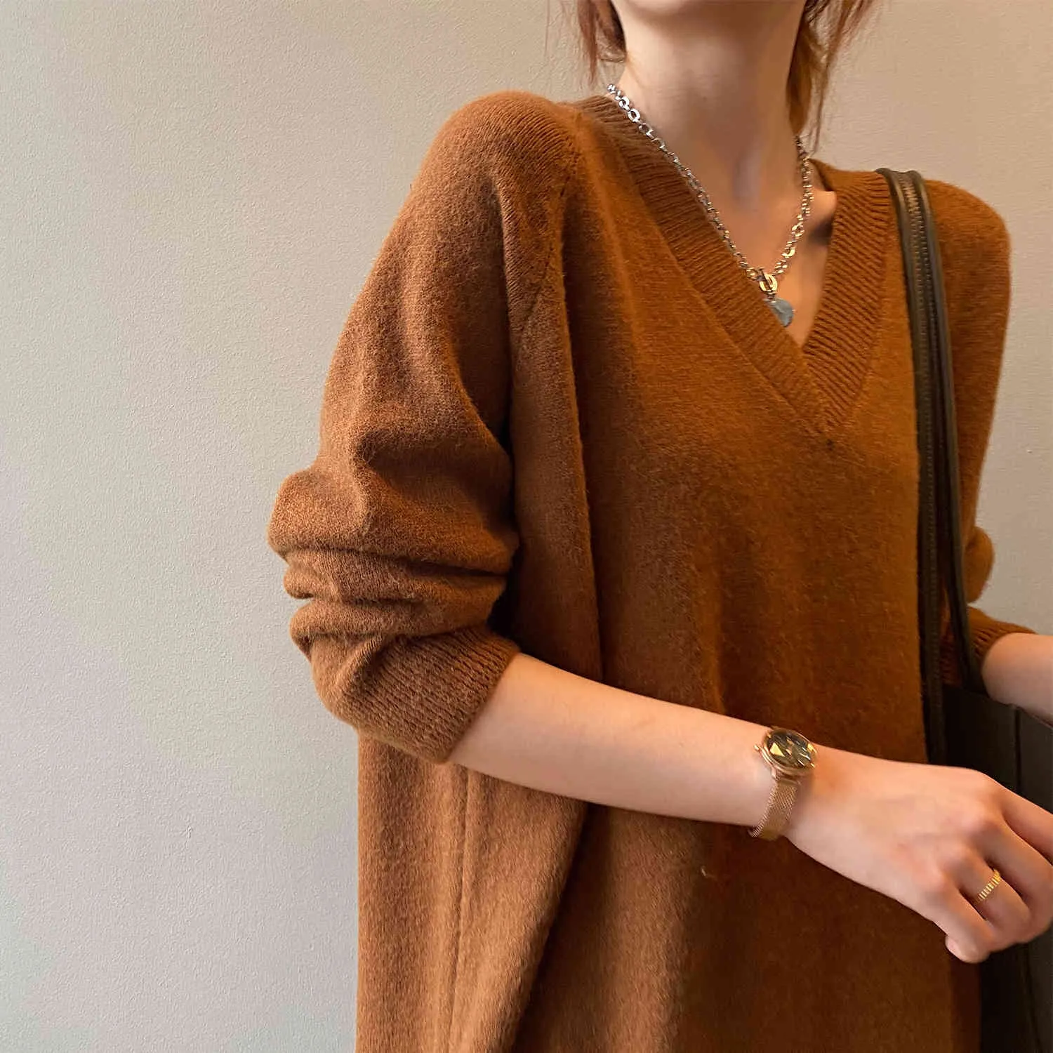 V-Neck Pullover Lazy Wind Sweater Medium Long Knitted Dress Women's Casual Solid Color Base Fashion Skirt Female 210520