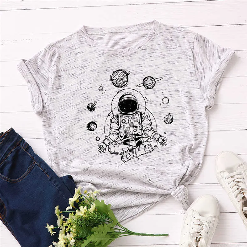 Plus Taille S-5XL Lune Astronaute Imprimer Chemise Femmes Tops 100% Coton Femmes Chemises O Cou À Manches Courtes T-shirts Vêtements D'été Femme Y0629