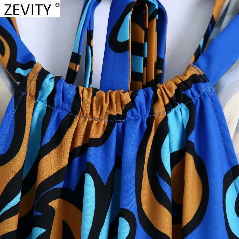 Zevity femmes Vintage Totem Graffiti imprimer sans manches licou été longue robe femme Chic nœud ceintures décontracté mince Vestidos DS8350 210603