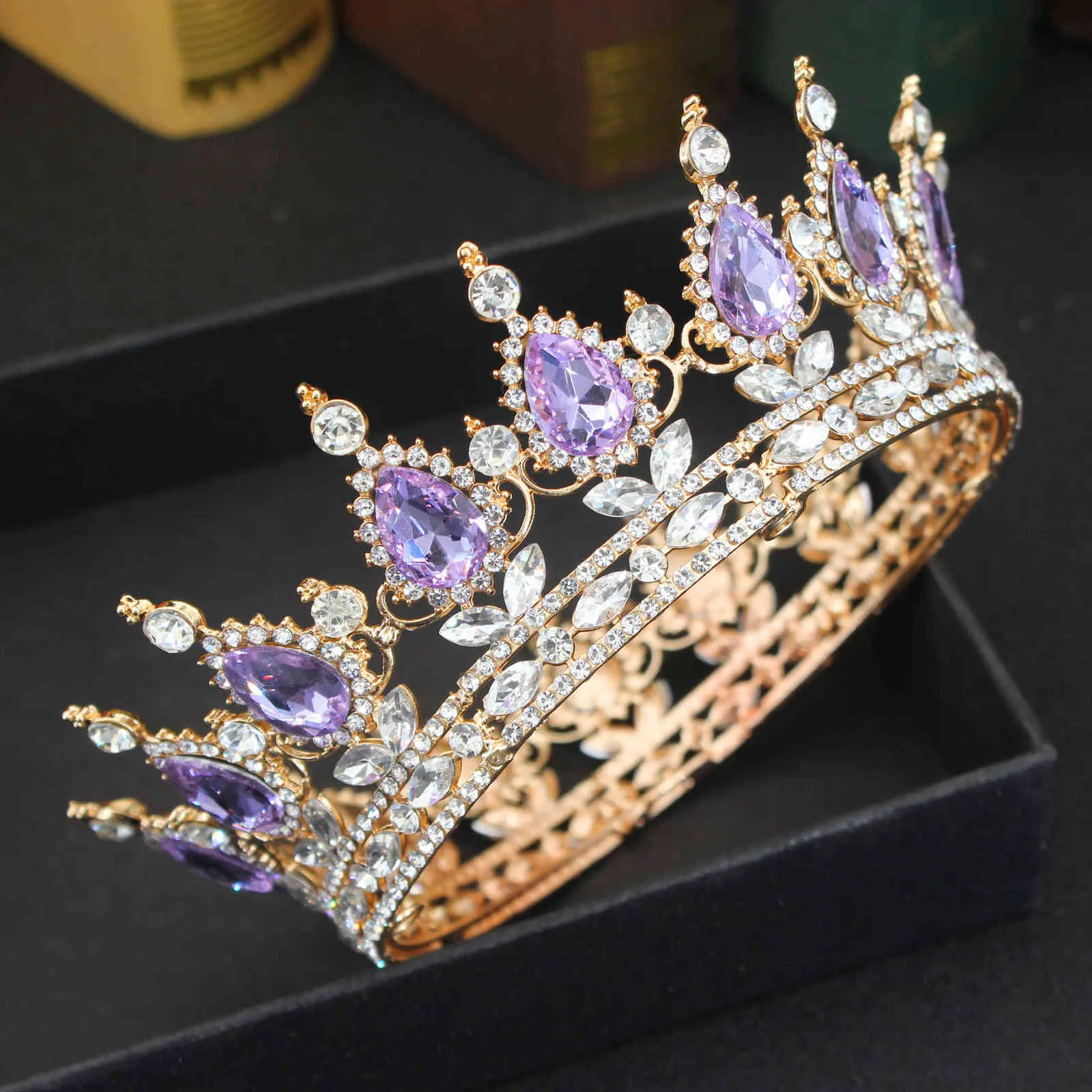 Guld drottning kung bröllop tiara krona brud vintage kristall diadem kvinnor / män hår ornament brud huvud smycken tillbehör x0625