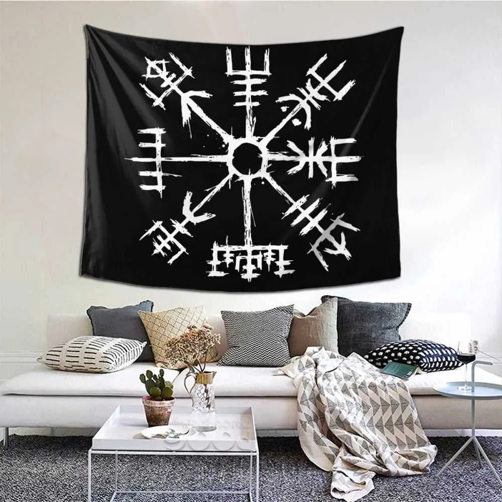 Tapiz con símbolo de brújula vikingos, colcha de Tapiz colgante, tela de pared nórdica, poliéster, decoración del hogar, Vintage 210609
