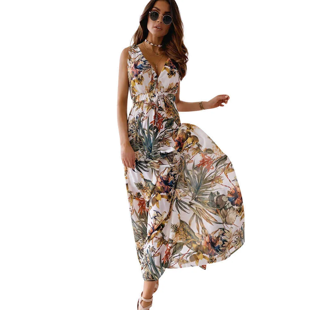 Plage Boho Floral Print Robes pour femmes Sexy Sans Manches Lâche A-Line Lady Dress Été Femmes Robes Décontractées Vestidos D30 210730