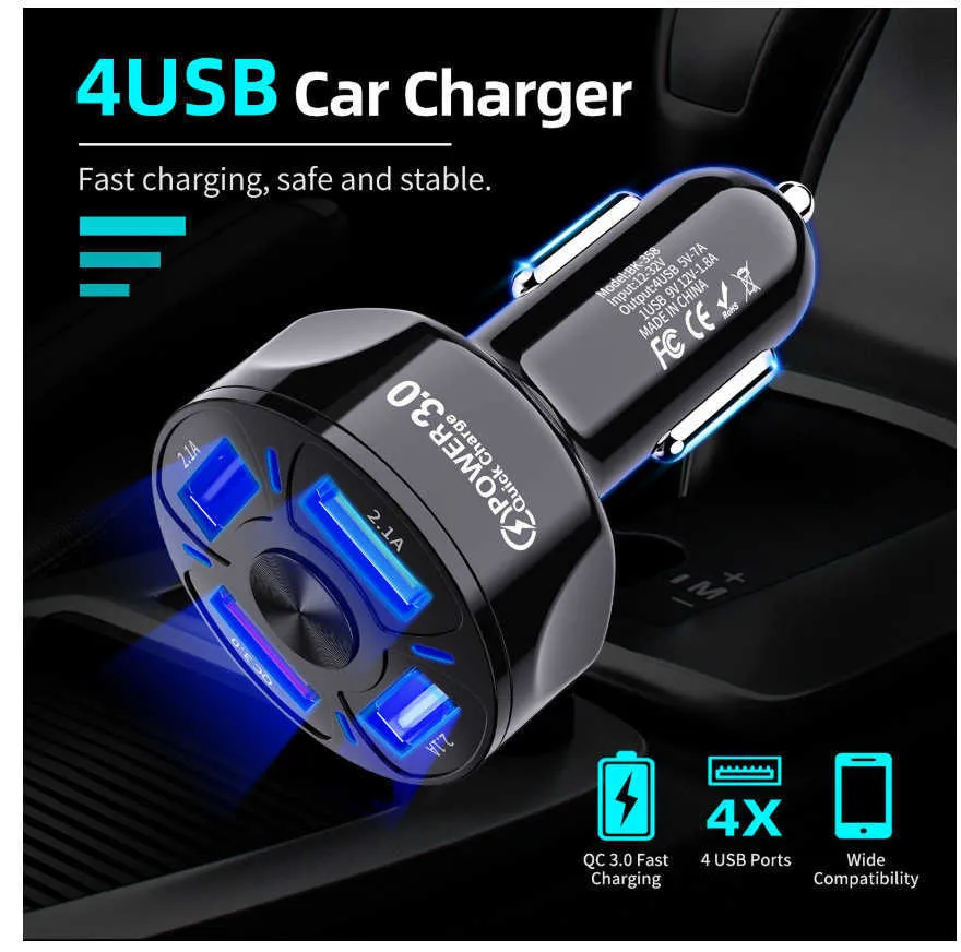 Chargeur de voiture universel ROXGOCT 35W Charge rapide 3.0 7A Charge rapide 4 ports USB chargeur de téléphone pour Samsung iPhone 11