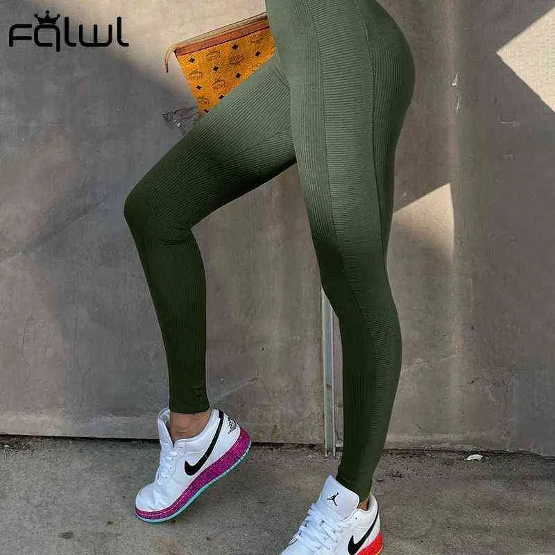 FQLWL High Waist Fitness Workout Leggings Women Ribbed Knitted Bodycon Solid Ladies Joggers Sweatpants Female White 211215