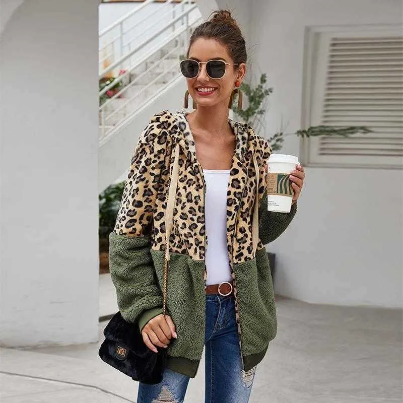 Jesień Faux Fur Coat Kobiety Leopard Teddy Coat Damskie Pluszowe Z Kapturem Płaszcz Zimowy Kobiety Puszyste Futro Teddy Kurtka Kobieta 211019