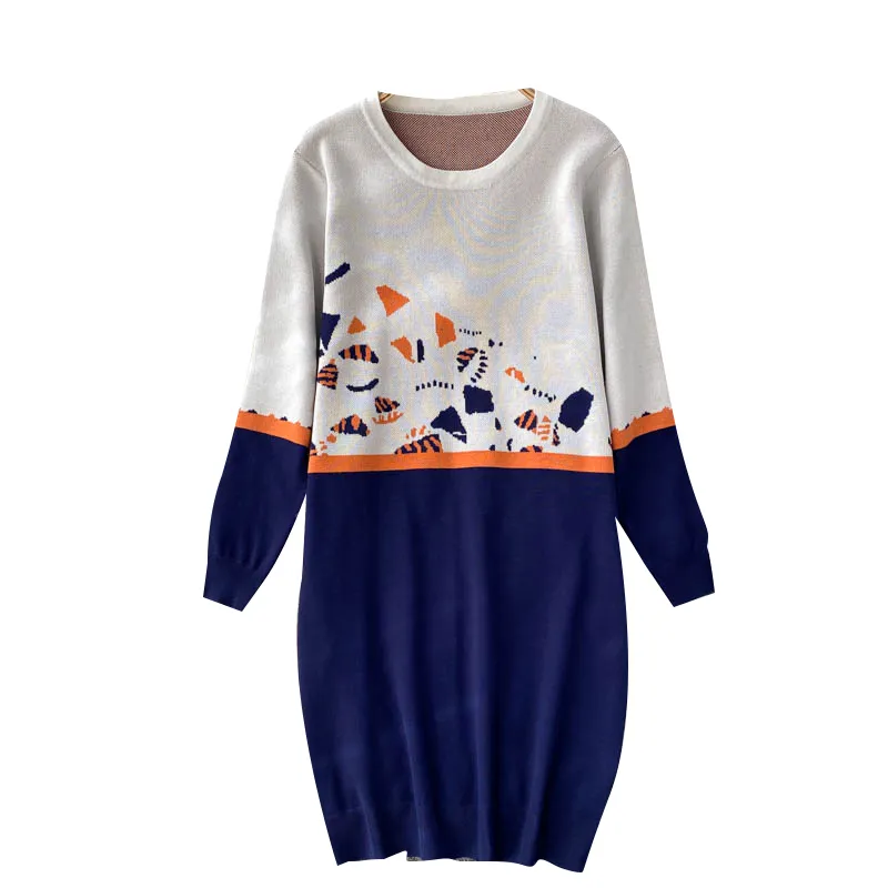 SINGREINY Design Print Knitted Dress Women Korean Fashion O Neck Long Sleeve Dress Autumn Winter Casual Loose Warm Sweater Dress 210419