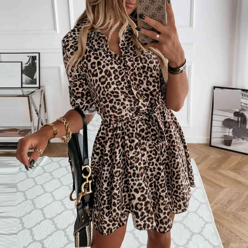 Mulheres vestido verão camisa de leopardo de manga longa giro colarinho faixas mini botão para cima escritório senhora sexy streetwear 210522