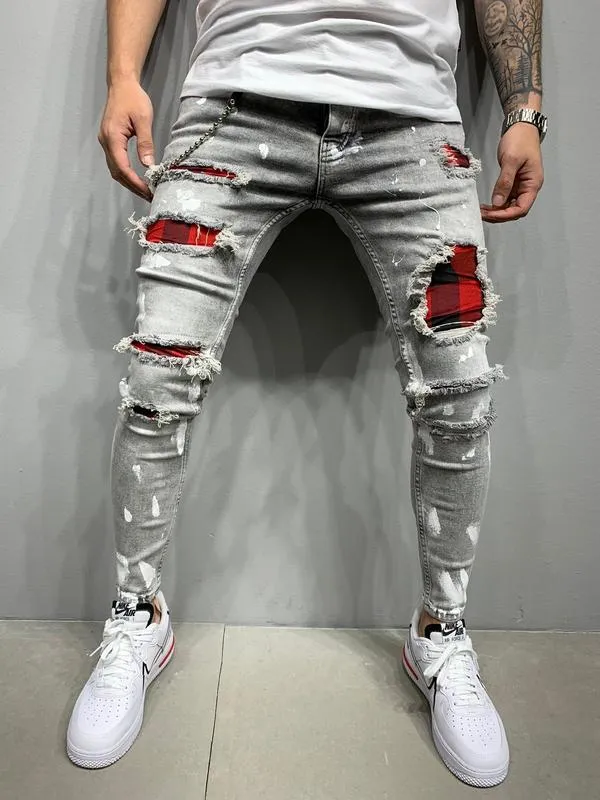 Fashion Men's Hole Slim pants style men's paint Black/Blue/Grey Hiphop quality cotton Jeans 220311