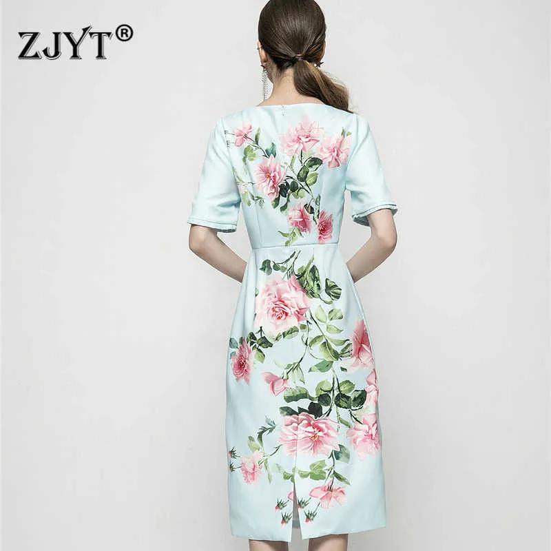 Европа мода летнее цветочное печать взлетно-посадочные платья с коротким рукавом халат элегантные женщины сладкий офис вечеринка Vestidos Green 210601