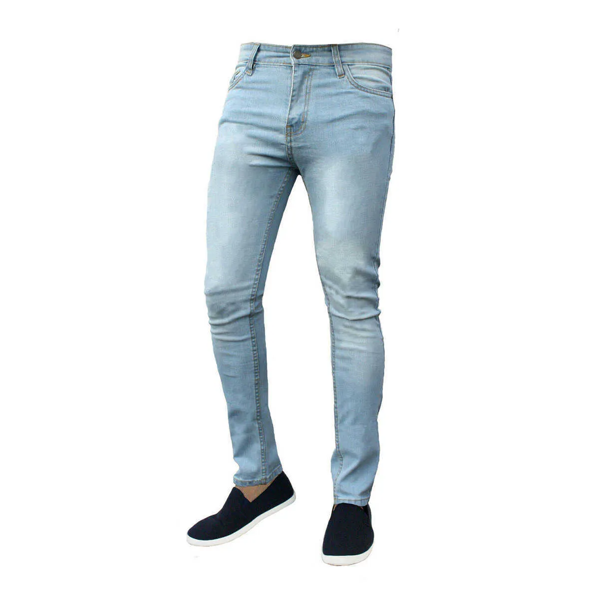 Men s Basic Pencil Jeans, Solid Color High Waist Pencil Pants Close-Fitting Denim Trousers for Boys, Dark Blue/Light Blue/Black X0621