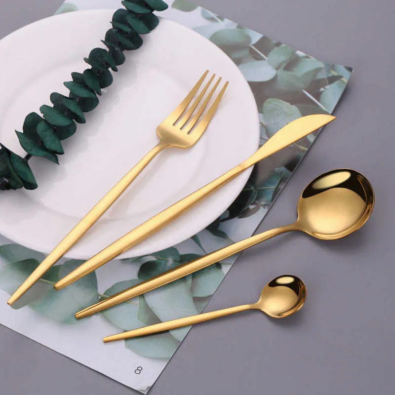 Gold Cutlery Dinner Set Stainless Steel Tableware Kitchen ware Spoon Fork Knife Golden 210928