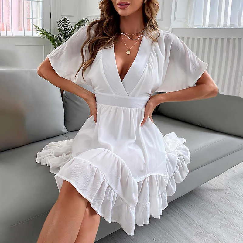 Moda mujer sexy con volantes mini vestido femenino sexy deep v blanco vestido corto 210716