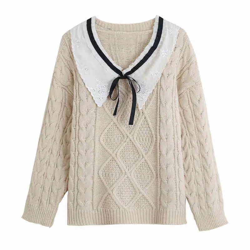 Sweet Women Embroidery Turn Down Collar Sweater Fashion Ladies Bow Lace Knitted Tops Elegant Female Chic Pullover 210427