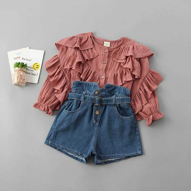 Girl Sets Baby fashion Cotton Shirt+Denim Shorts Fashion Outfits Suit Clothes Kids H224 210610