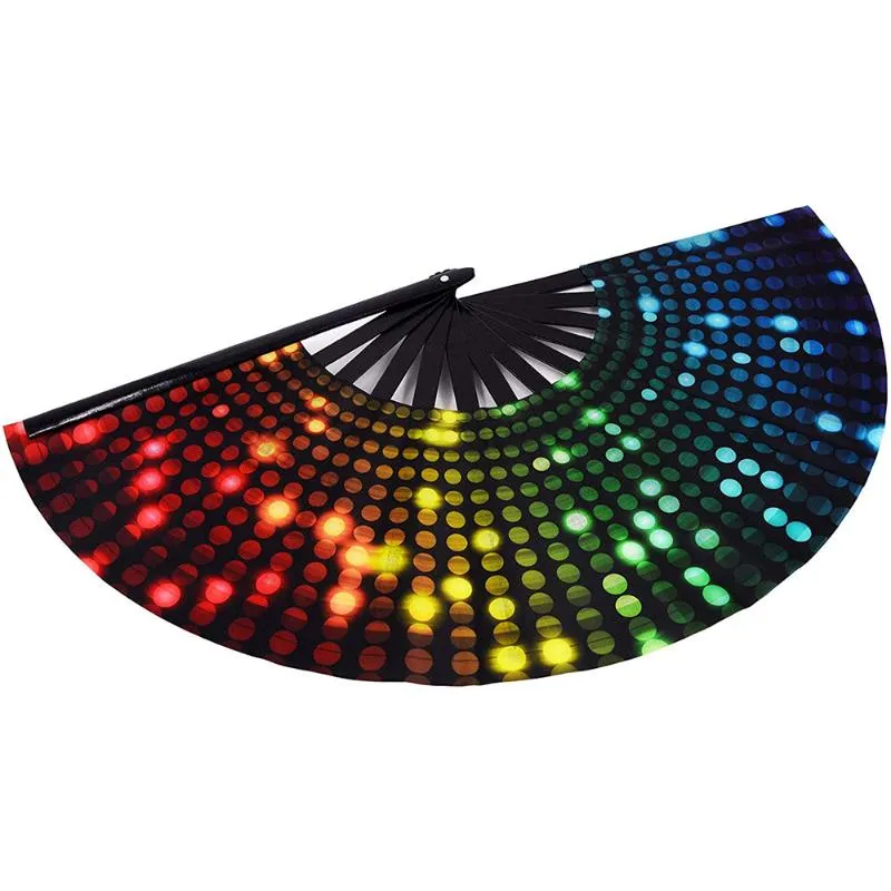 Andere Wohnkultur 34 cm großer faltbarer Handfächer, 1 Stück, Punkt-Regenbogen-Druck, schwarzer Bambus-Nylonstoff, Festival-Handheld für Geschenk304J