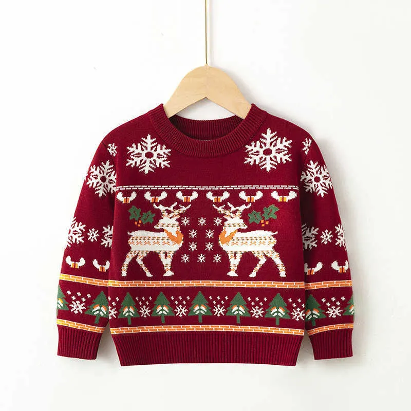 2021 New Christmas Sweaters Autumn Winter Baby Girls Boys Knitting Pullovers Tops Children Elk Print Long Sleeve Sweaters 3-7Y Y1024