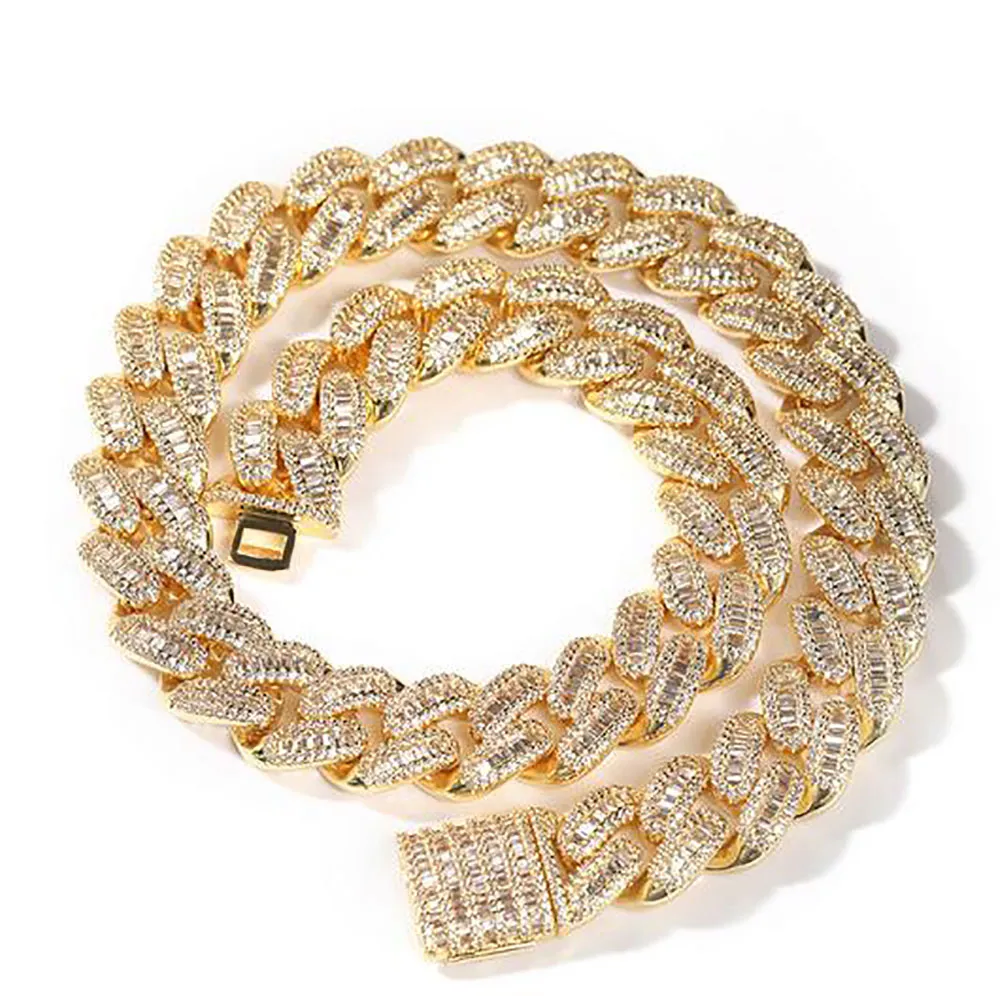 Chaîne cubaine baguette à griffes de 15mm, plaqué or blanc 14 carats, collier en vrais diamants glacés, bijoux en zircone cubique, longueur 14-20 pouces, 325j
