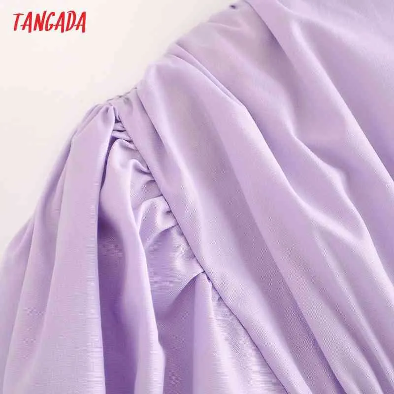 Été Style français plissé violet bouffée à manches courtes dames Mini robe Vestidos 3A97 210416