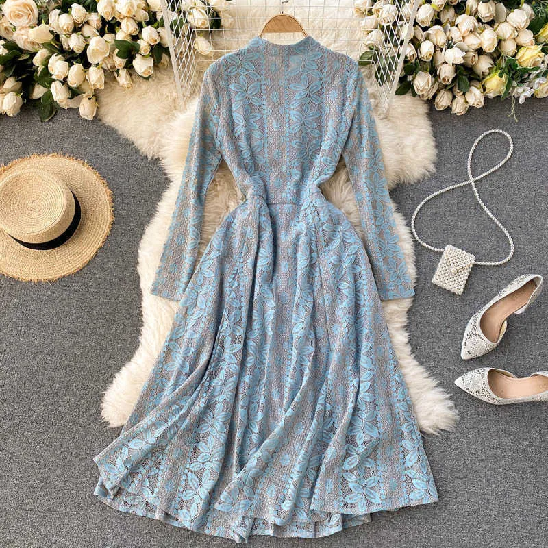 Ly Varey Lin Spring Höst Kvinnor O-Neck Vintage Single Breasted Midi Dress Office Ladies Lace Patchwork Fairy 210526