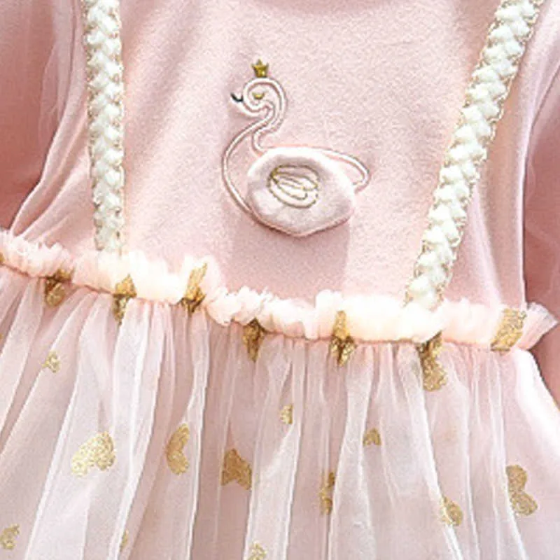 Urso líder outono moda princesa vestidos de aniversário nascido meninas meninas doce swan lace vestido infantil voile retalhos vestidos 210708