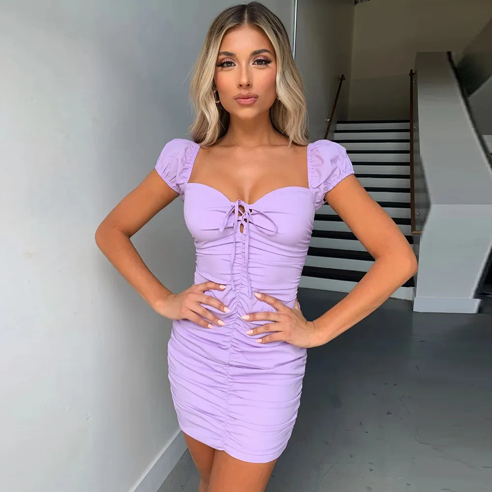 purple vintage boho beach summer bodycon mini outsfits for women vestidos ruched dress 210415