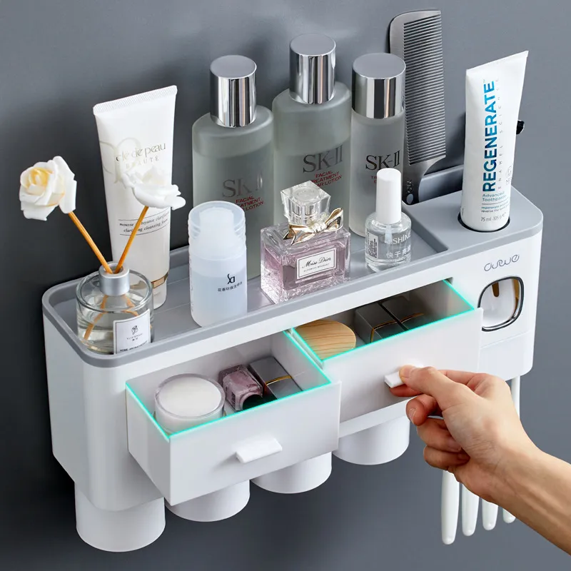 Magnetic Adsorption Inverted Toothbrush Holder Automatic Toothpaste Squeezer Dispenser Storage Rack Bathroom Accessories Home280U