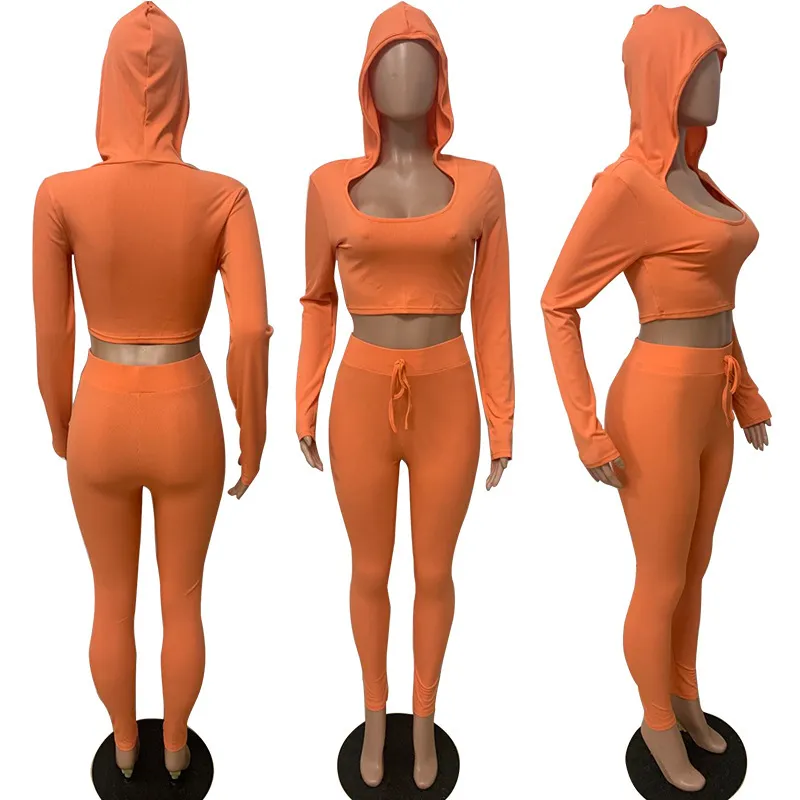 Vestiti autunnali in maglia arancione le donne Set da 2 pezzi Felpe con cappuccio a maniche lunghe Felpa e pantaloni skinny Pantaloni Set coordinati 210525