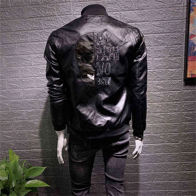 Autumn Leather Jacket Man Plein Skull Korean Style Slim Leather Clothes Trend Cool Street Clothes Hip Hop Thin Jacket Pu Coat 220115