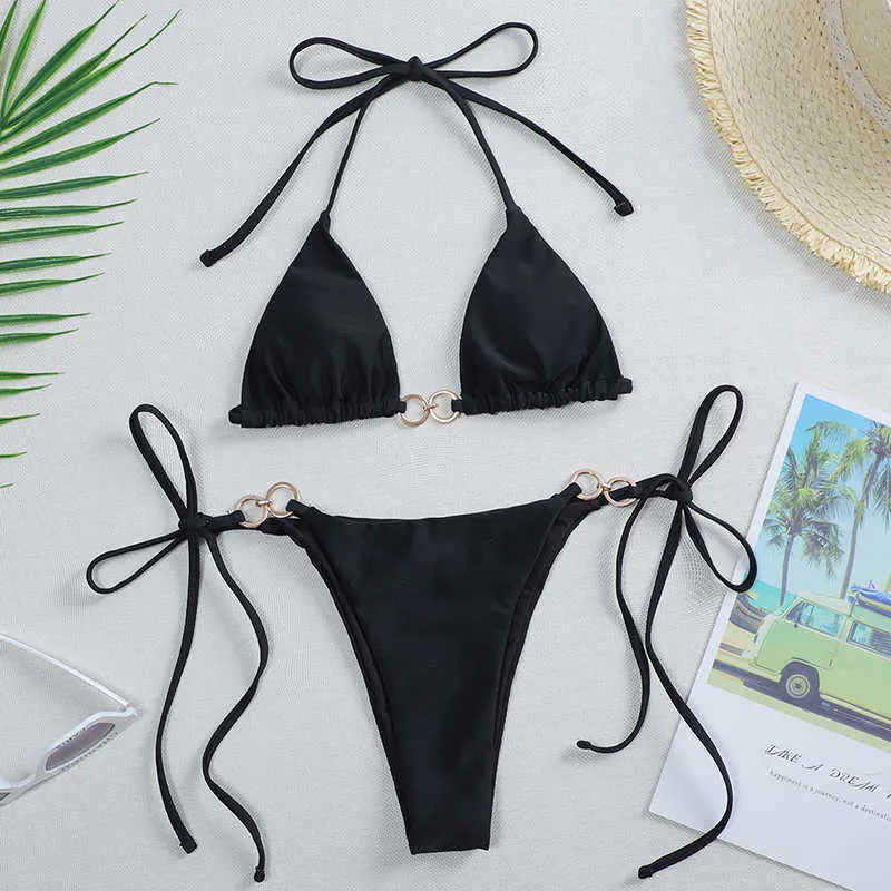 Metallringe Micro Bikini Frauen Badeanzug Push Up Set Bademode Weibliche Schwarz Brasilianische Badeanzug Beachwear Biquini 210702