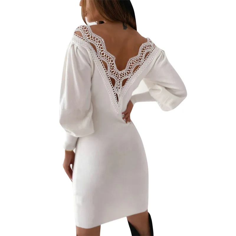 Kobiety Sukienka Duży Otwarte V-Neck Low-Cut Chest Backless Pełna długość Rękaw Lampion Koronki Włowy Solid Color Slim Montaż Odzież 210522